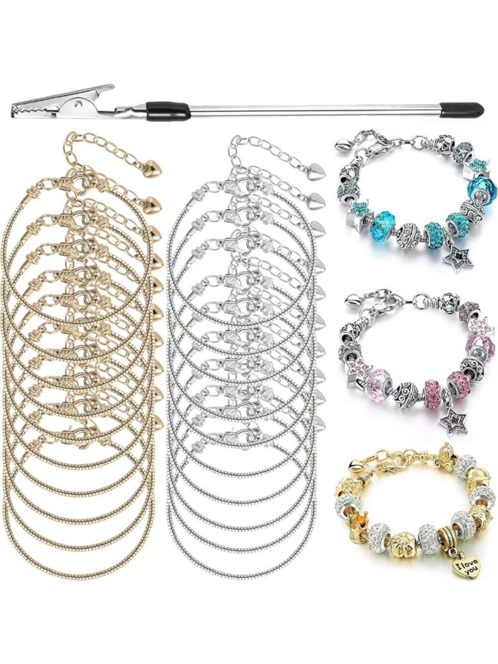 20-Piece Adjustable Snake Chain Charm Bracelet Set with Heart Clasp & Extender